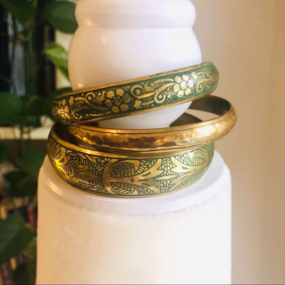 Set of 3 vintage brass engraved bracelets